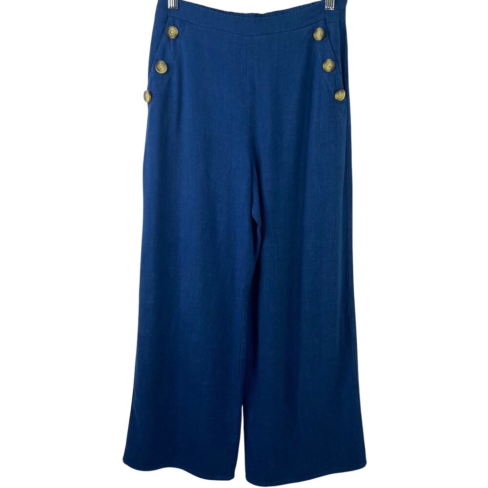 Monteau Women's Linen Blue Pants High Rise Button Accent Crop Wide Leg Size M
